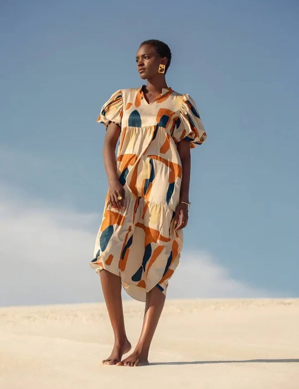 Diarrablu Koni Midi Abstract Art to Wear Dress Puff Sleeves Tilo Cream Sz. XL